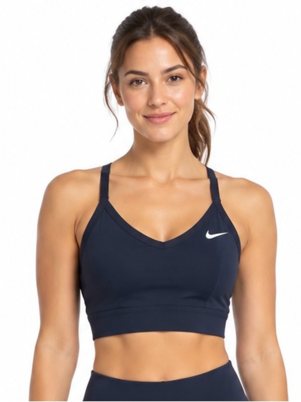 Nike Navy V‑Neck Low‑Impact Sports Bra with White Swoosh
